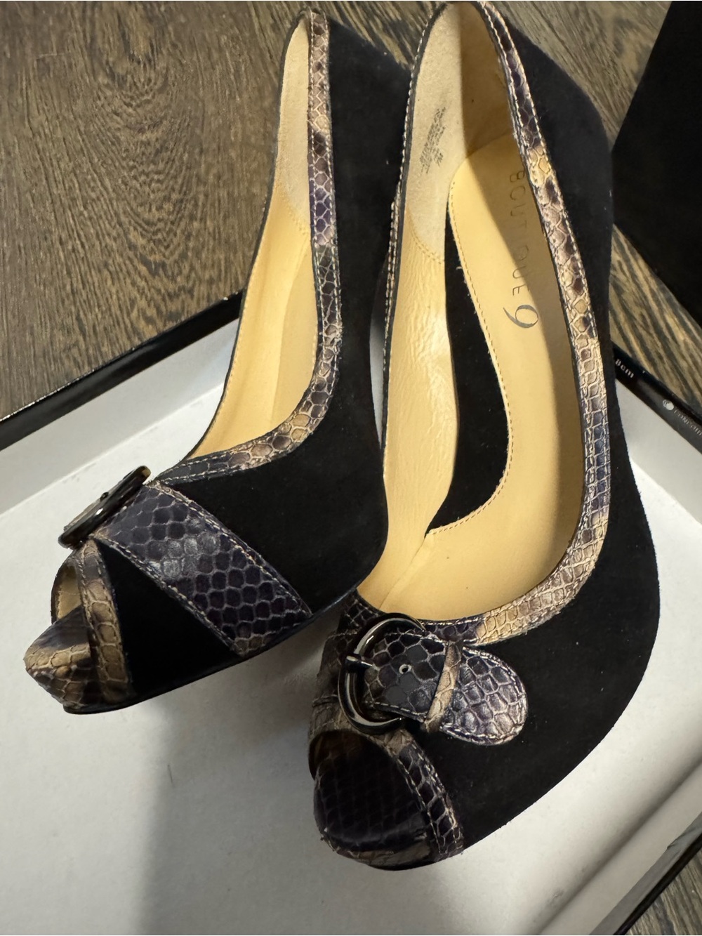 Boutique 9 Black Suede Peep-Toe Heels with Snakeskin Accent - Picture 2 of 6